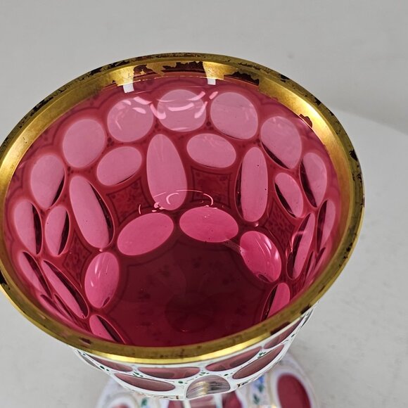 Harrach Bohemian Double Overlay Enamel Floral White Cranberry Wine Glass *FLAW - Picture 8 of 9